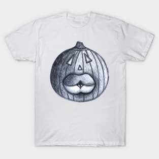 Funny Big Mouthed Pumpkin Head - Black and White T-Shirt